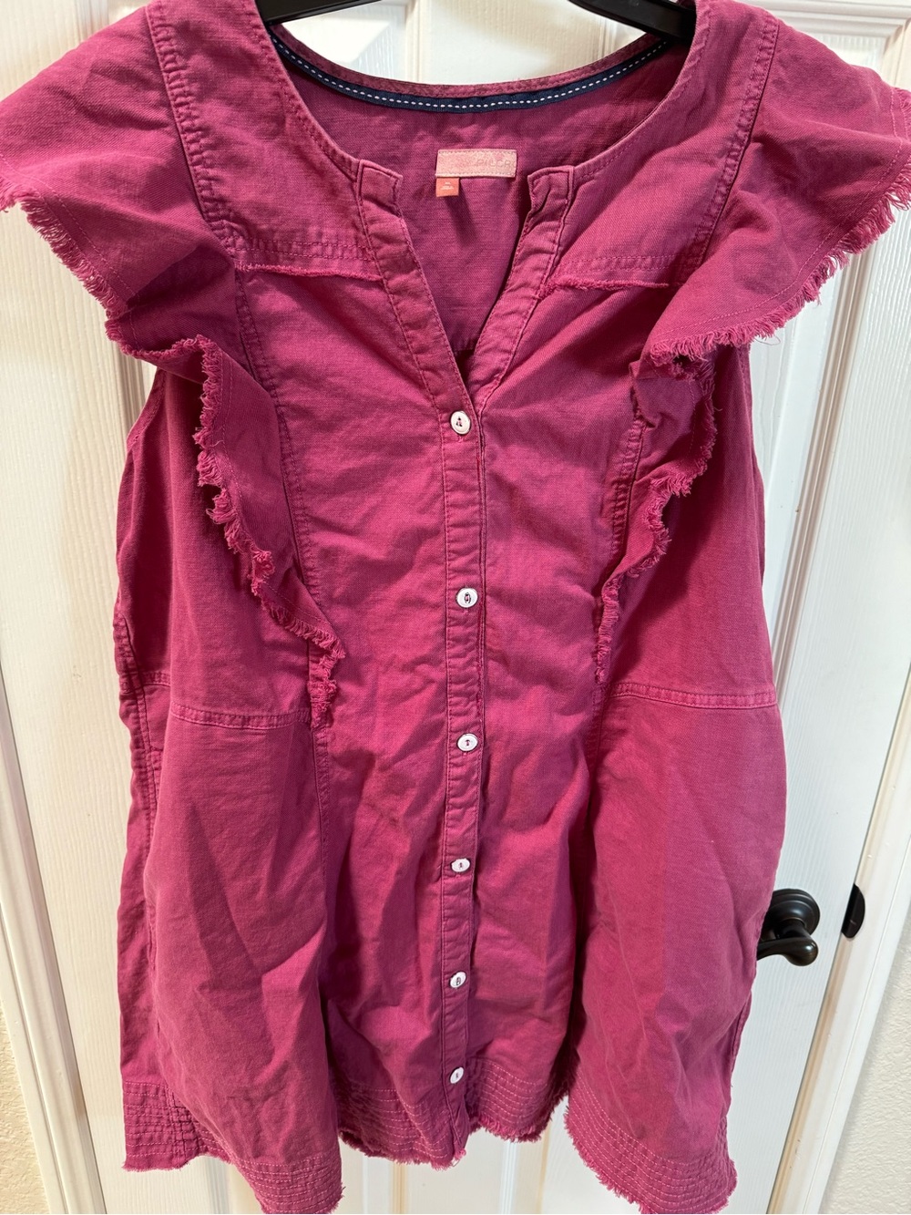 Pilcro Magenta Ruffle-Shoulder Button Mini Dress - Picture 2 of 9